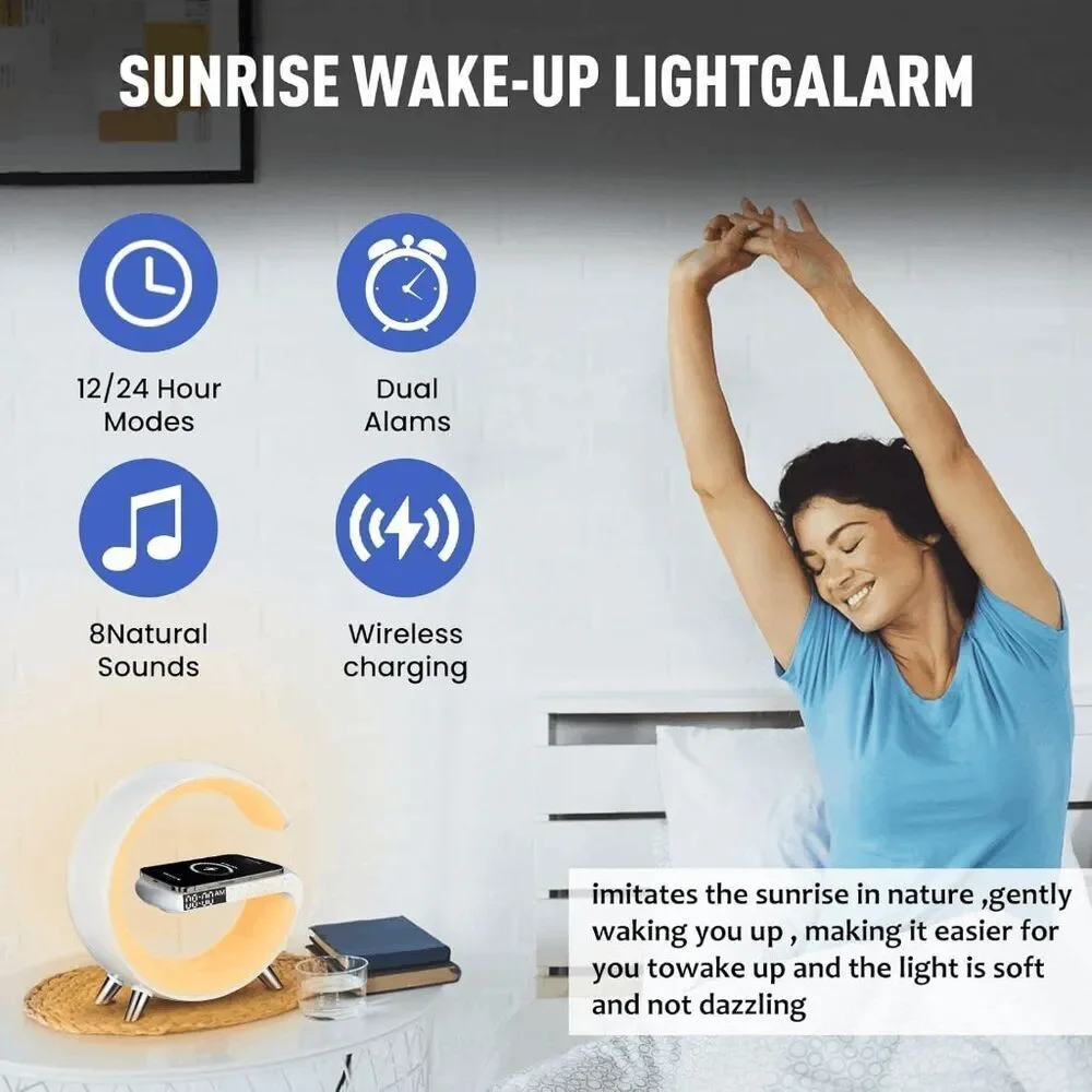 Smart LED G Lamp RGB Light Bluetooth Speaker Wireless Charger Alarm Clock